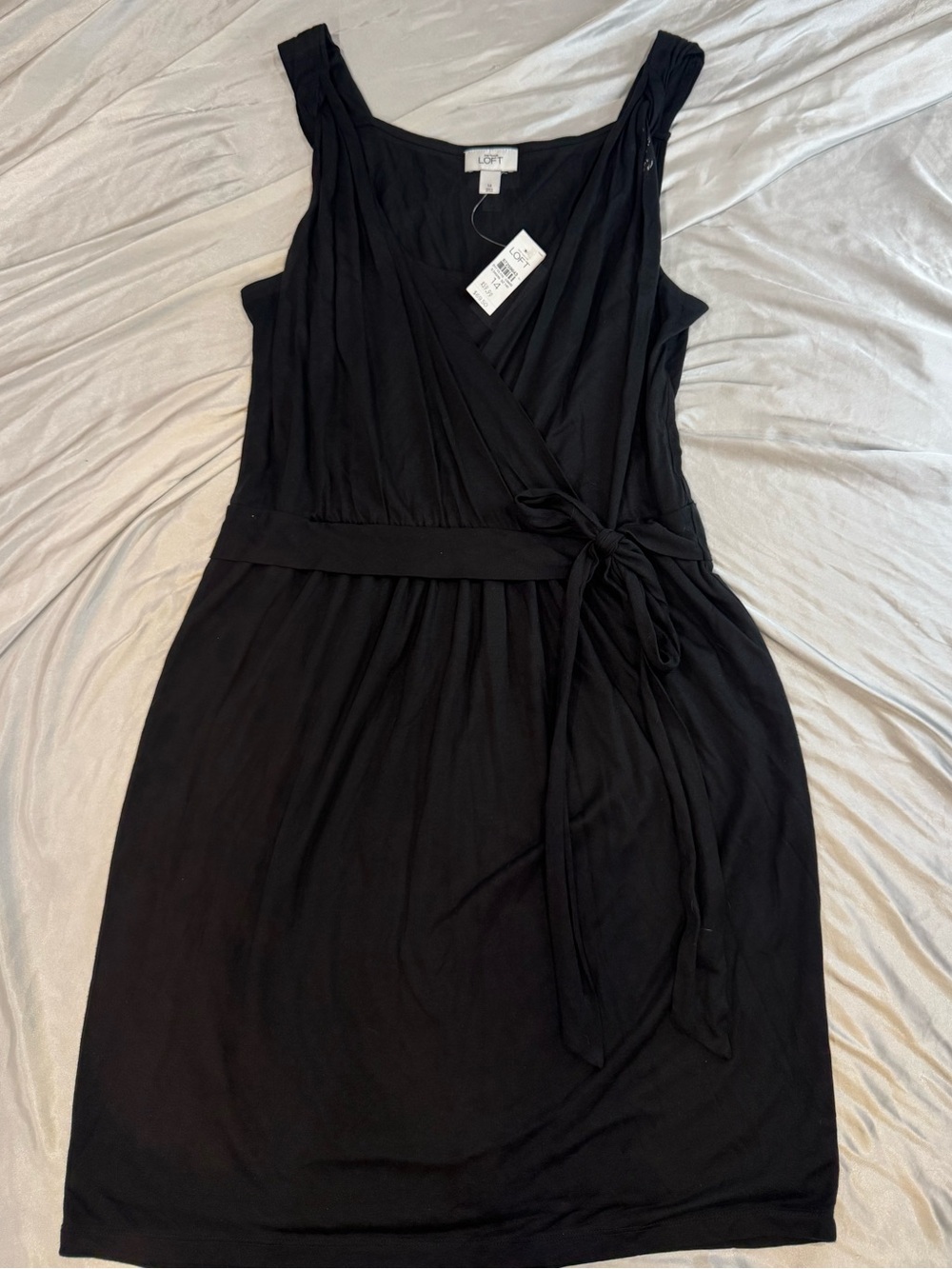 LOFT Black Sleeveless Wrap-Style Midi Dress with Waist Tie